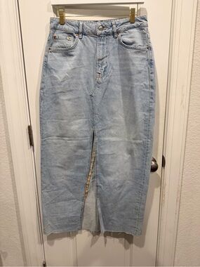 Light Wash High Rise Denim Maxi Skirt Front Slit Raw Hem Size 30